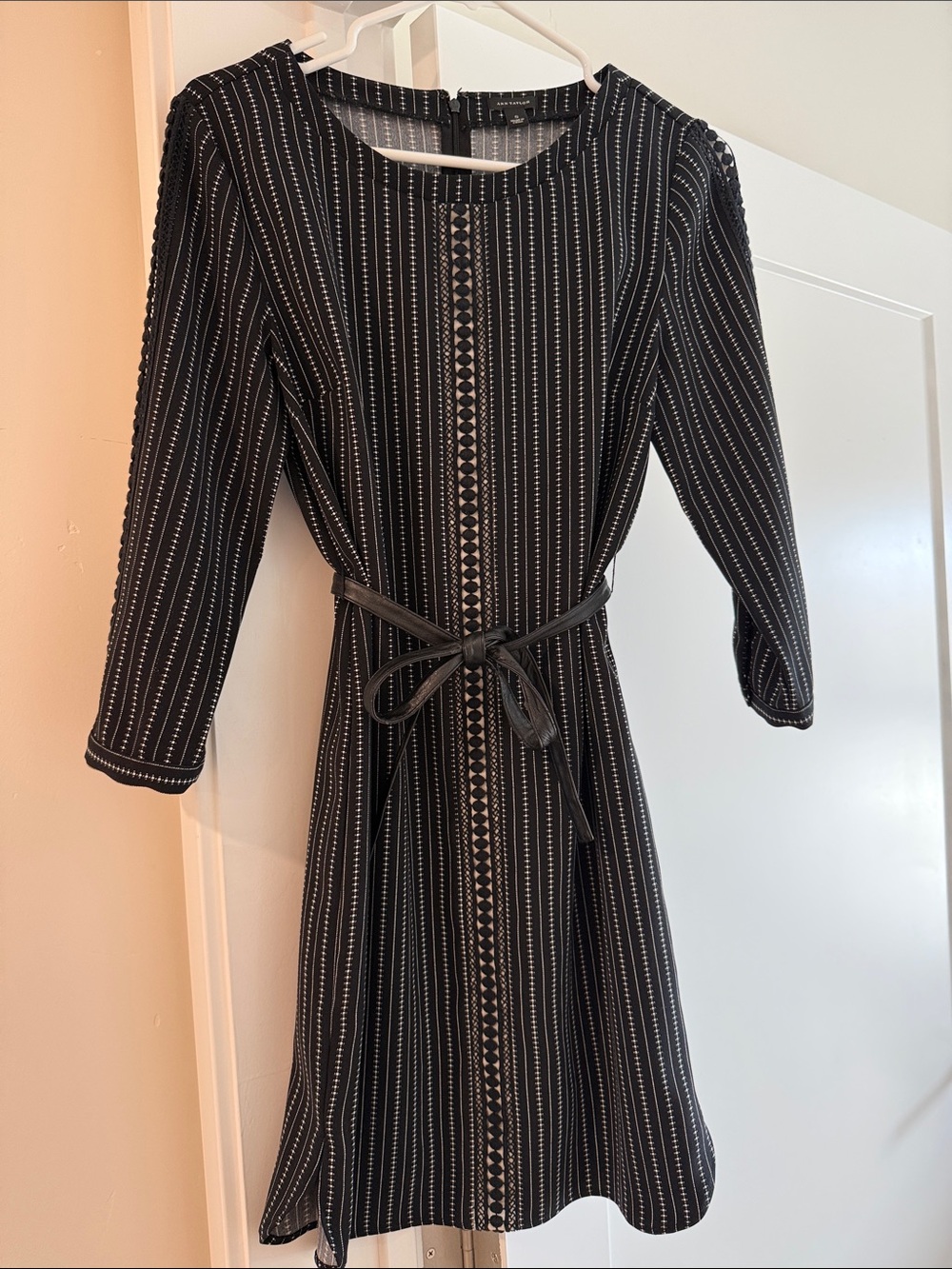 Black Striped Long-Sleeve Tie-Waist Dress